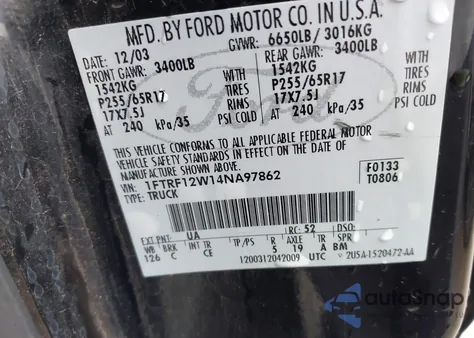 2004 Ford F-150 Stx/Xl/Xlt z USA, uszkodzony, nr VIN 1FTRF12W14NA97862